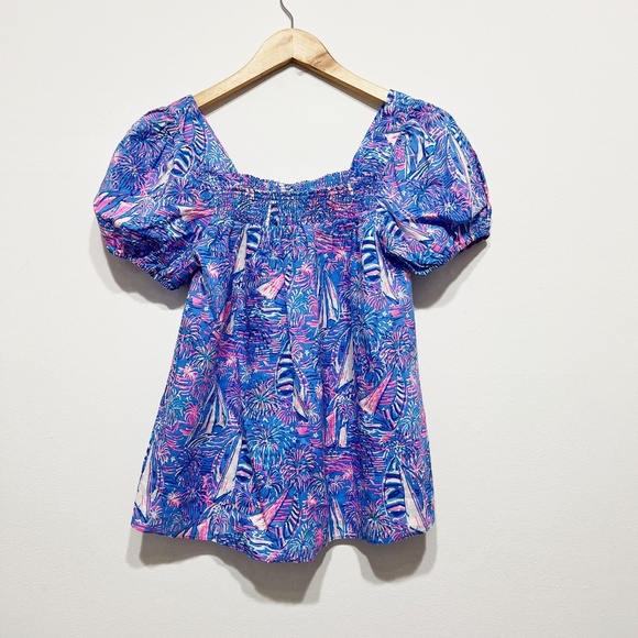 Lilly Pulitzer Keating Boca Blue Its A Sailabration Linen Blouse Shirt Top 4 - Picture 1 of 4